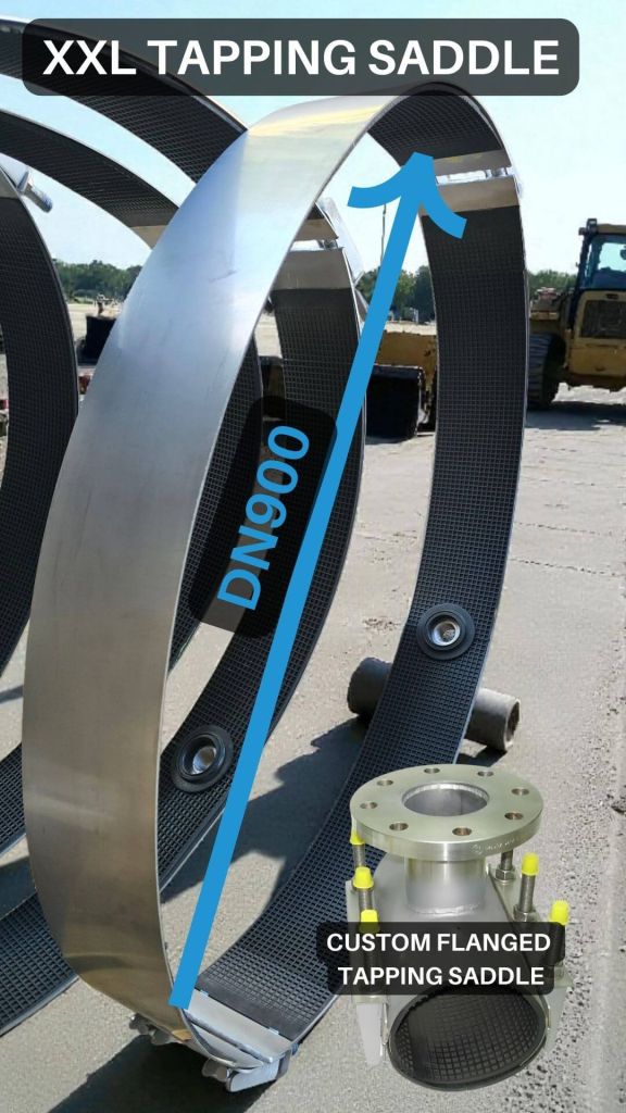 Slide showing an XXL DN900 custom flanged tapping saddle with a stainless steel strap