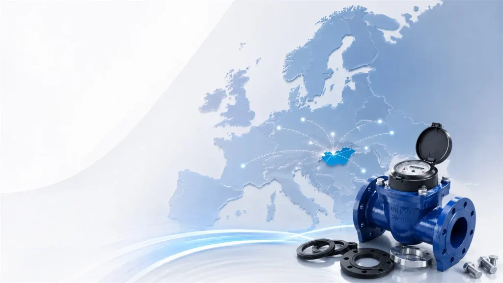 Map of Europe indicating JAEQUAS B2B supply coverage with a water meter and gasket