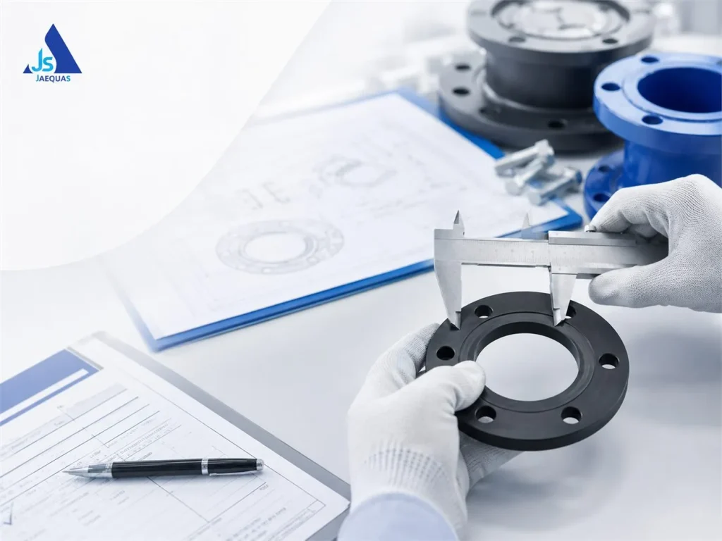 Technician measuring a vulcanized rubber flange gasket with a caliper