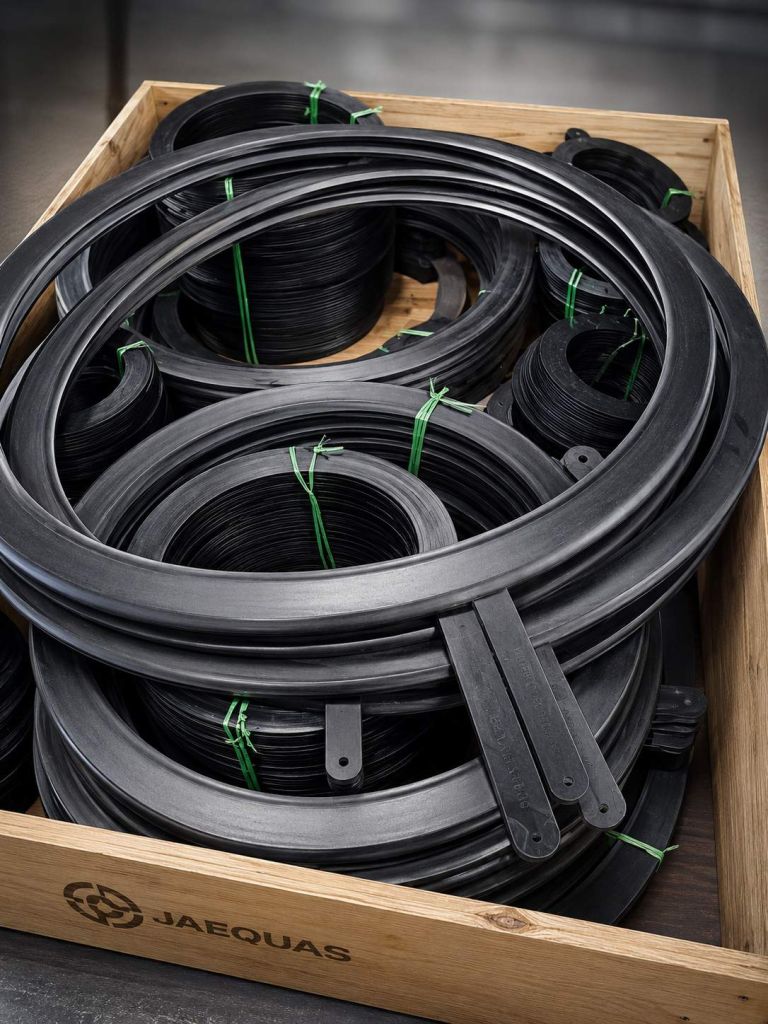 Large-diameter vulcanized rubber gaskets prepared for dispatch
