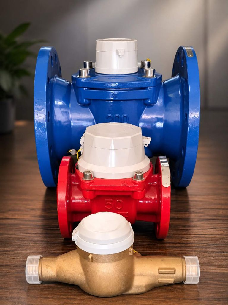 Blue and red flanged bulk water meters with a brass domestic water meter