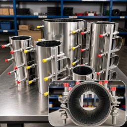 Stainless steel pipe repair clamps on a warehouse shelf with a close-up of the rubber lining
