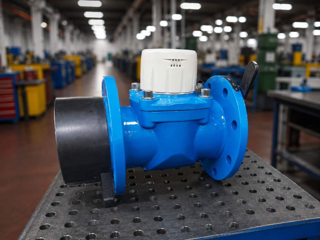 Flanged water meter with a vulcanized rubber spacer on a workshop bench