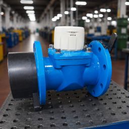 Flanged water meter with a vulcanized rubber spacer on a workshop bench