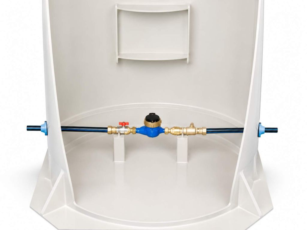Interior of a plastic water meter pit with pipework