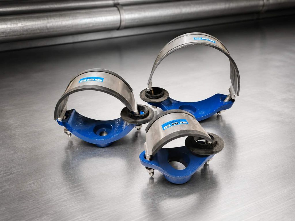Tapping saddles with stainless steel straps on a pipeline