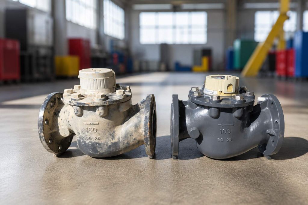 Two flanged bulk water meters standing on a workshop floor before servicing