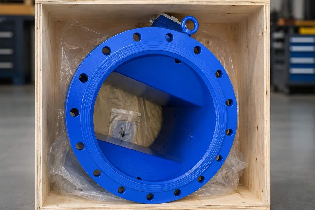 Flanged tapping fitting prepared for dispatch