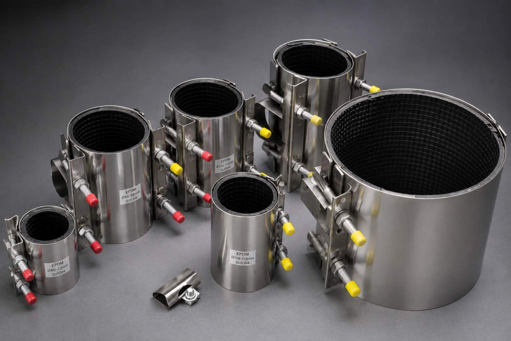 Stainless steel pipe repair clamps in several sizes