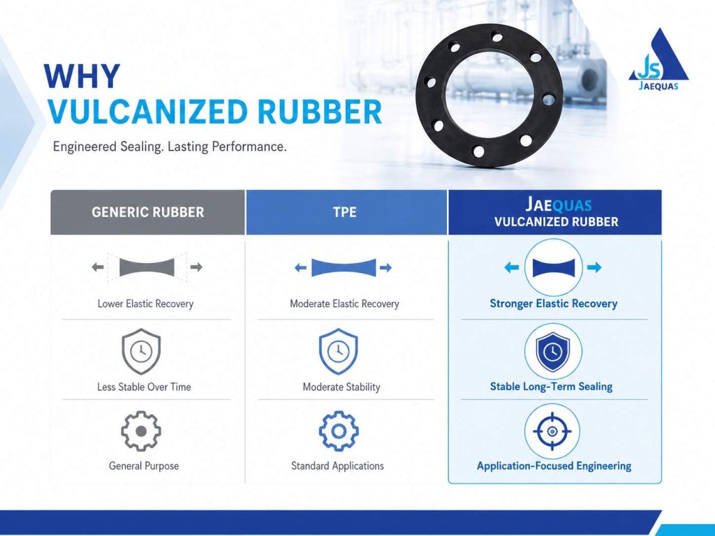 Infographic comparing generic rubber, TPE and JAEQUAS vulcanized rubber sealing performance