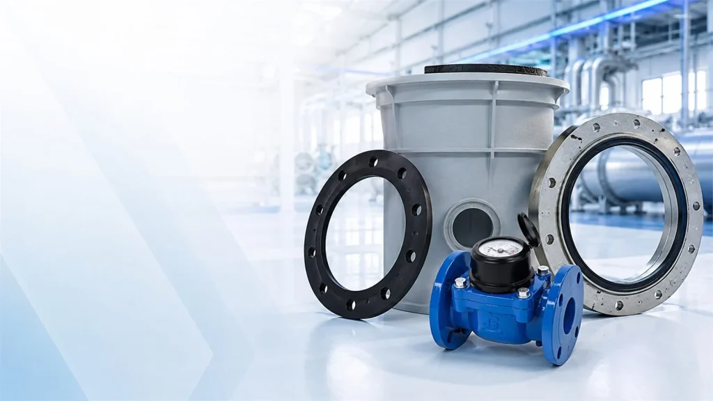 Water meter, plastic meter pit, flange gasket and steel flange product group