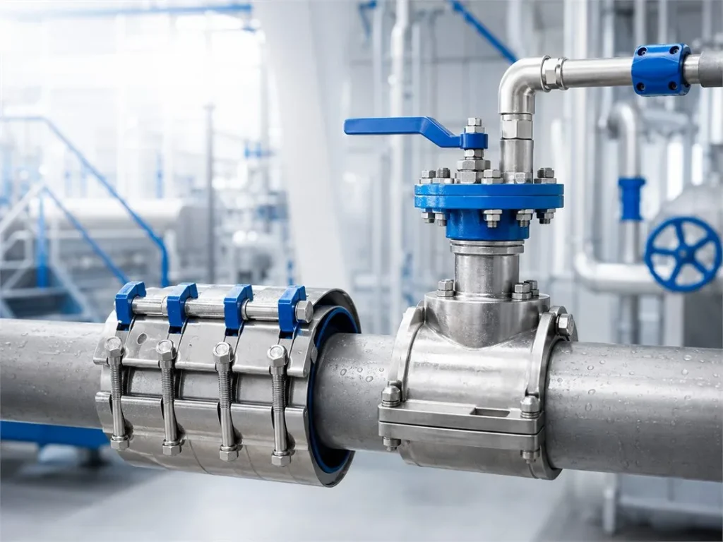Stainless steel pipe repair clamp fitted on a pipeline in an industrial plant