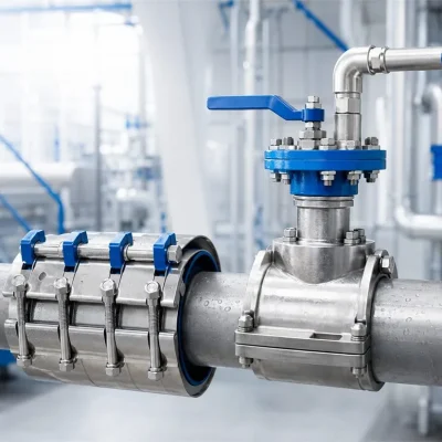 Stainless steel pipe repair clamp fitted on a pipeline in an industrial plant