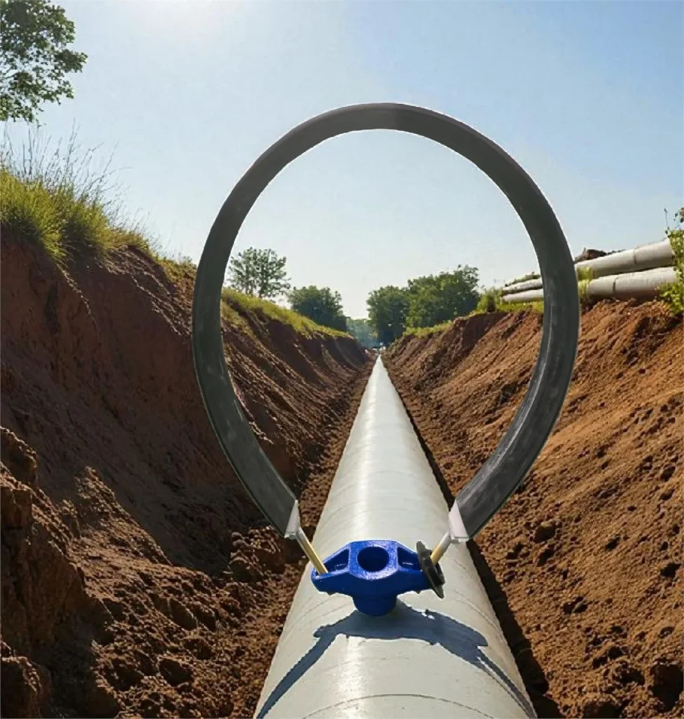 Tapping saddle fitted on a large PE pipeline to create a branch connection