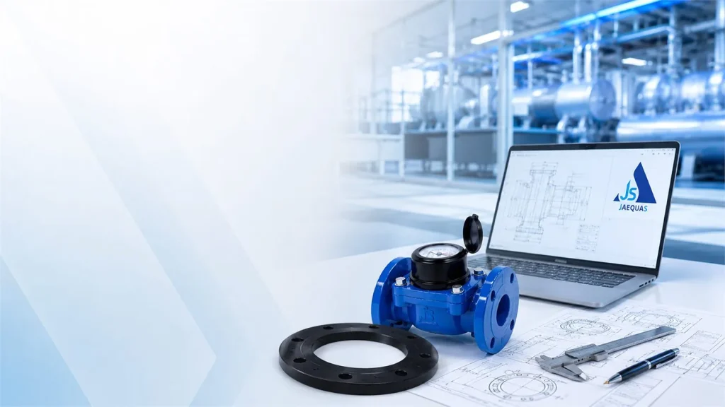 Laptop showing a technical drawing next to a water meter and flange gasket