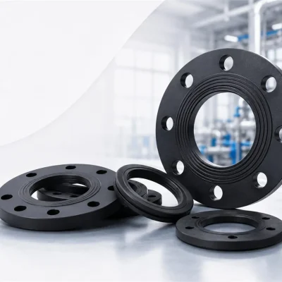 Black vulcanized rubber flange gaskets and a stainless flange ring