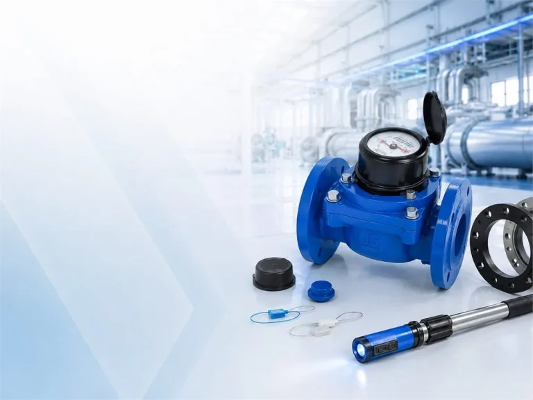 Blue industrial water meter with accessories, seals and a reading tool